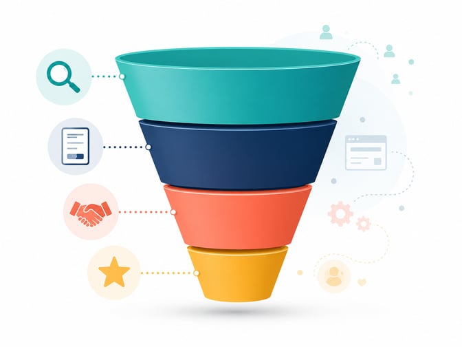 funil de inbound marketing — etapas de atração, conversão, fechamento e encantamento